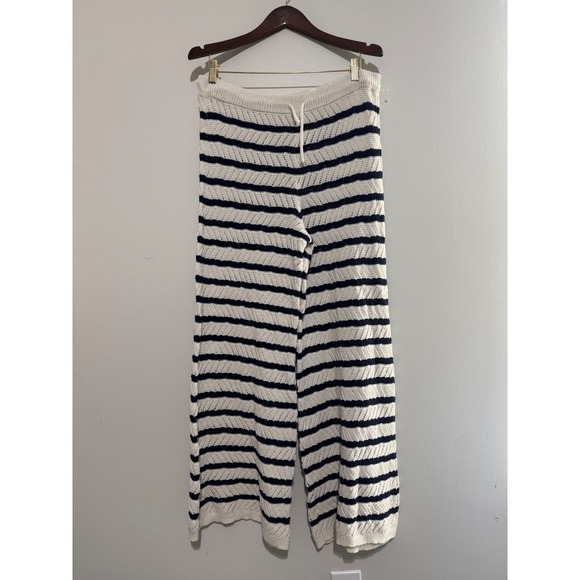 aerie Pants - Aerie Women's Navy Blue Striped Knit Wide Leg Pants Drawstring Beach Resort Wear